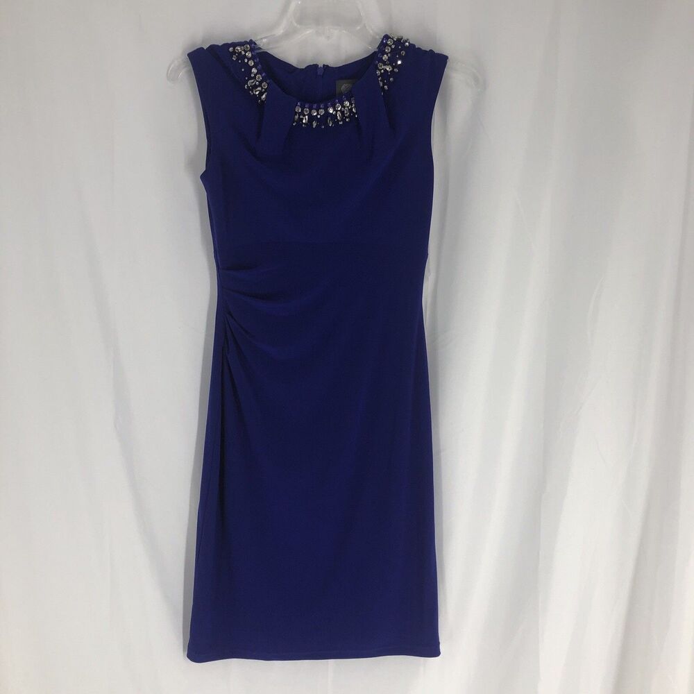 Vince Camuto Women's Blue Beaded Neckline Sleeveless Sheath Dress Size 4